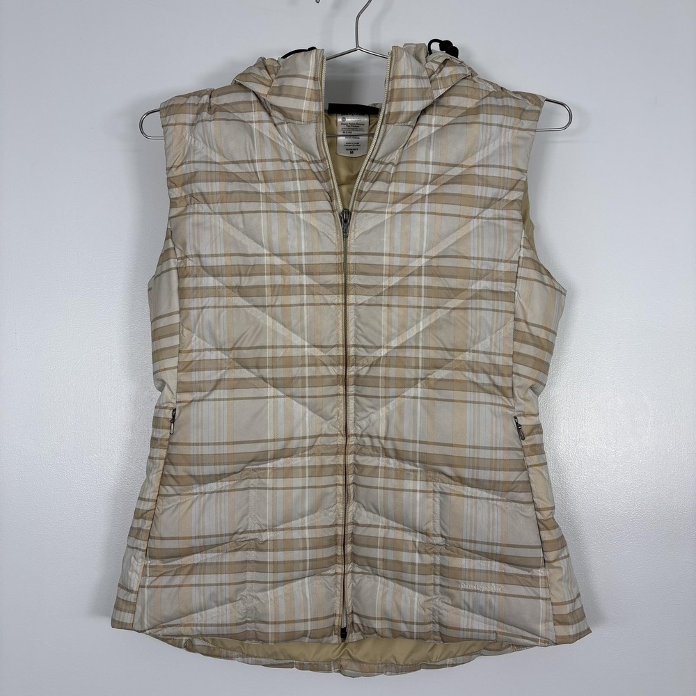 Patagonia Vest Womens Medium Beige Plaid Down Puffer Hooded Zip Pockets Outdoor